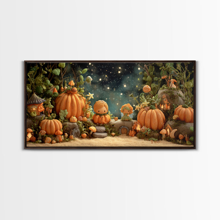 The Pumpkin Fairy Garden, Clay Halloween Art, Wide Panoramic Art, Framed Canvas Print, Cute Halloween Wall Art