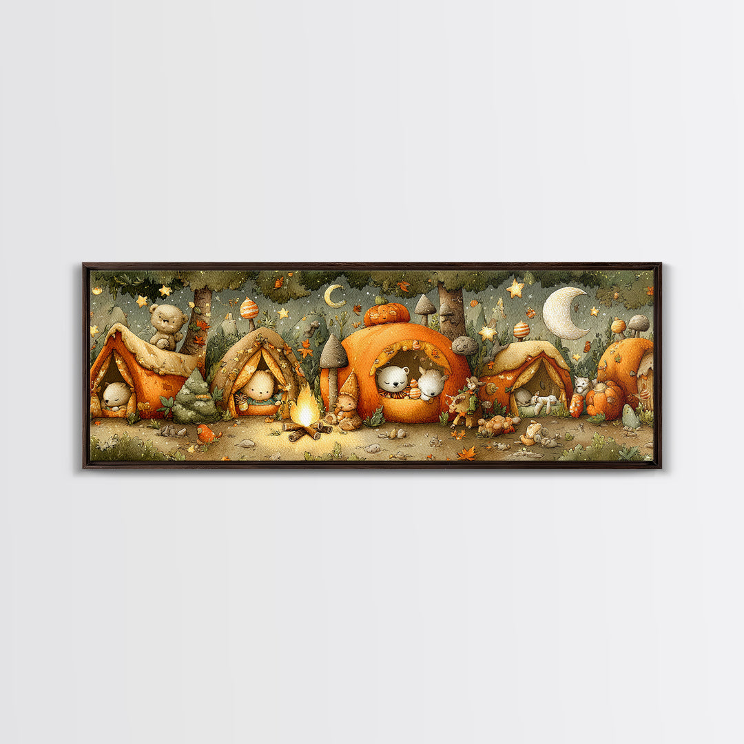 The Pumpkin Campout, Plush Halloween Art, Extra Wide Wall Art, Canvas Print, Cute Halloween Wall Art