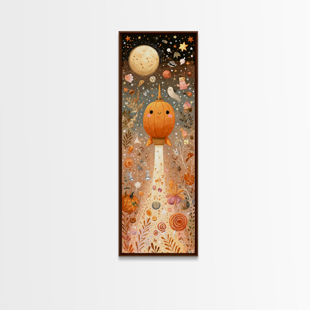 The Pumpkin Rocket Ship, Kawaii Halloween Art, Tall Narrow Wall Art, Framed Canvas Print, Cute Halloween Wall Art