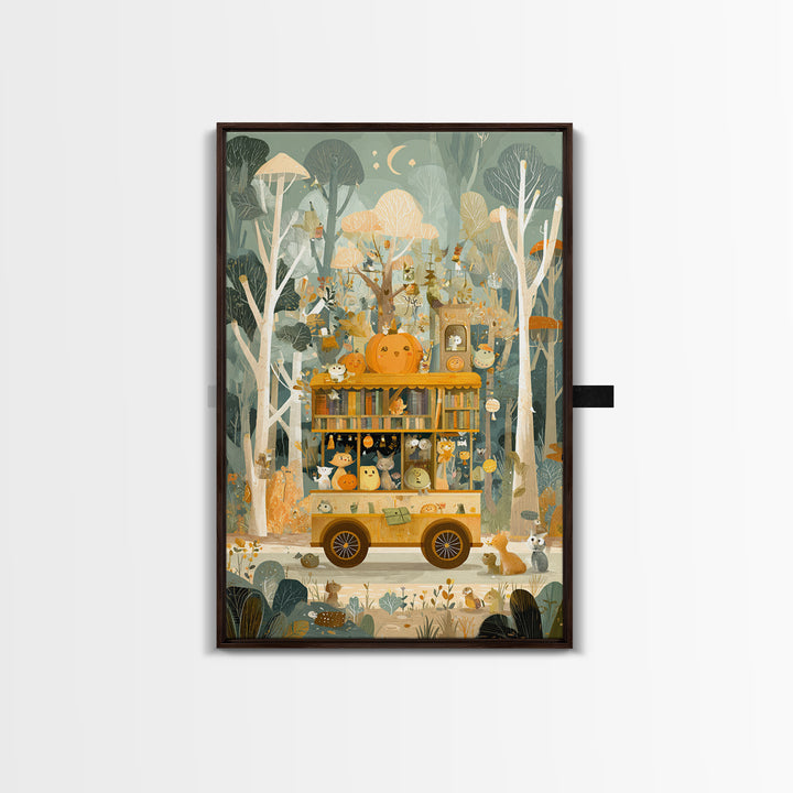 The Pumpkin Bookmobile, Retro Halloween Art, Vertical Wall Art, Canvas Print, Cute Halloween Wall Art