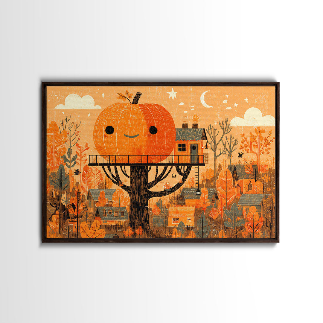 The Pumpkin Treehouse, Screenprint Halloween Art, Landscape Wall Art, Framed Canvas Print, Cute Halloween Wall Art
