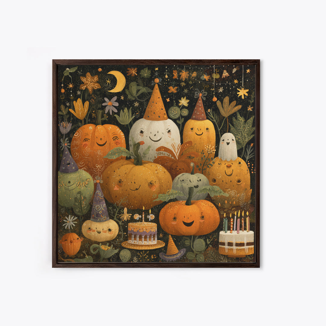 The Great Pumpkin Birthday Party, Folk Halloween Art, Square Wall Art, Canvas Print, Cute Halloween Wall Art