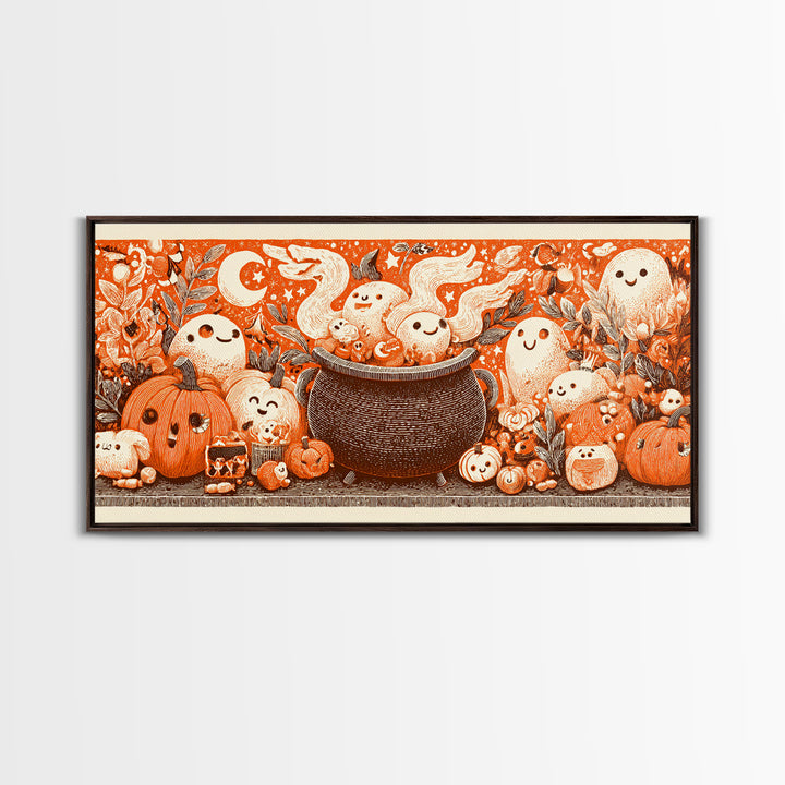 The Cookie Cauldron, Linocut Halloween Art, Wide Panoramic Art, Framed Canvas Print, Cute Halloween Wall Art