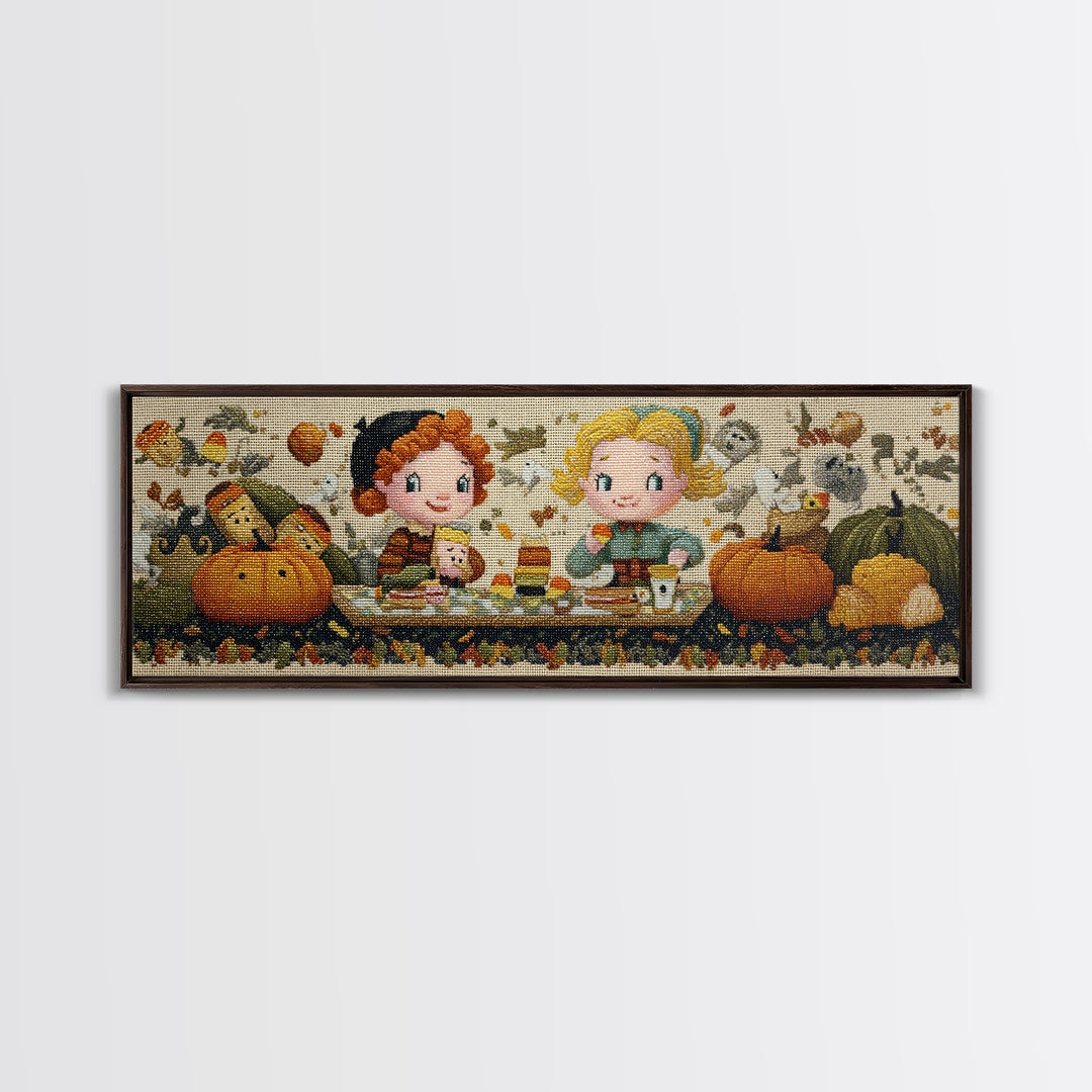The Candy Corn Picnic, Embroidered Halloween Art, Extra Wide Wall Art, Canvas Print, Cute Halloween Wall Art