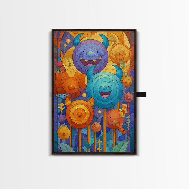 The Friendly Lollipop Monsters, Stained Glass Halloween, Vertical Wall Art, Canvas Print, Cute Halloween Wall Art