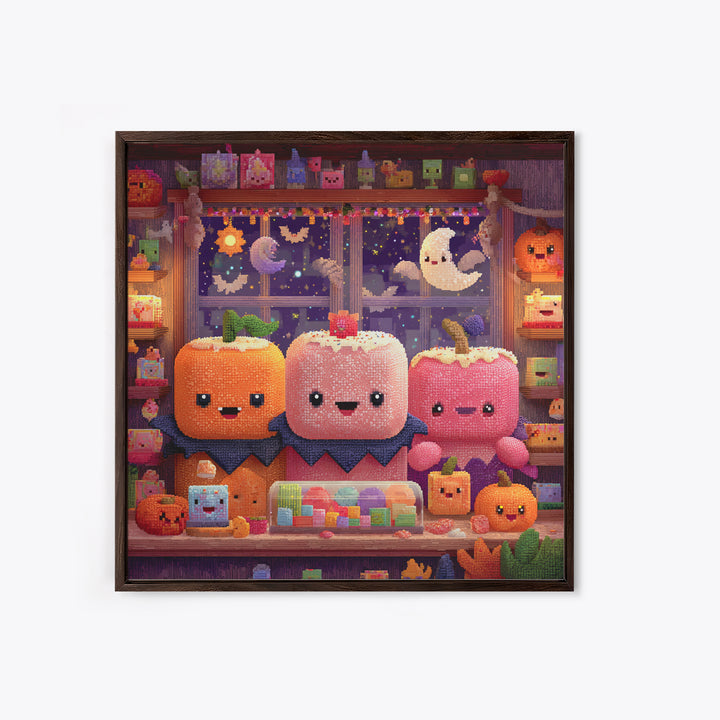 The Donut Vampire Family, Pixel Halloween Art, Square Wall Art, Canvas Print, Cute Halloween Wall Art