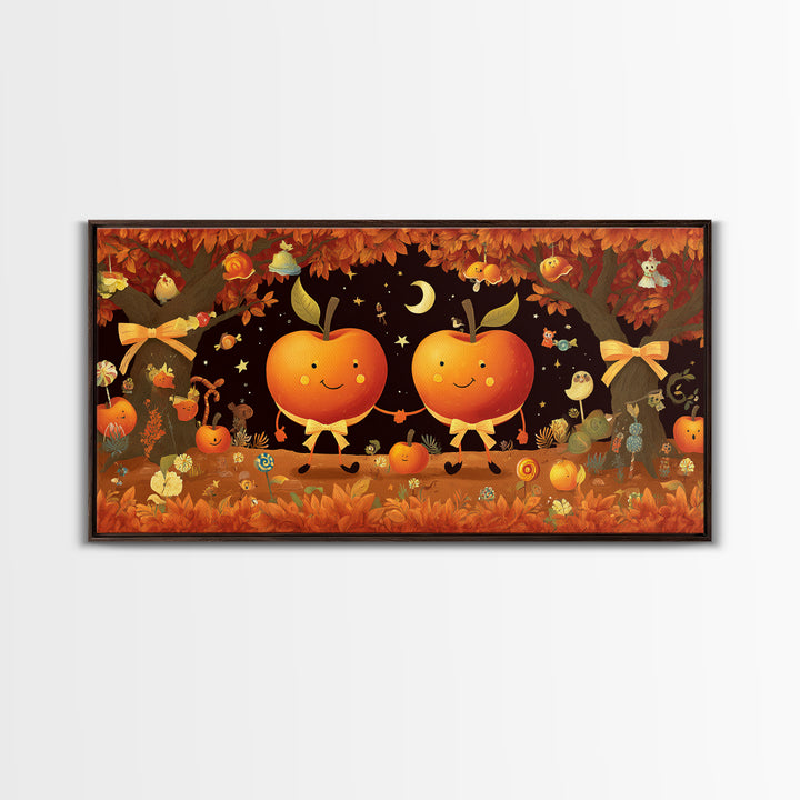The Caramel Apple Friends, Vector Halloween Art, Wide Panoramic Art, Framed Canvas Print, Cute Halloween Wall Art