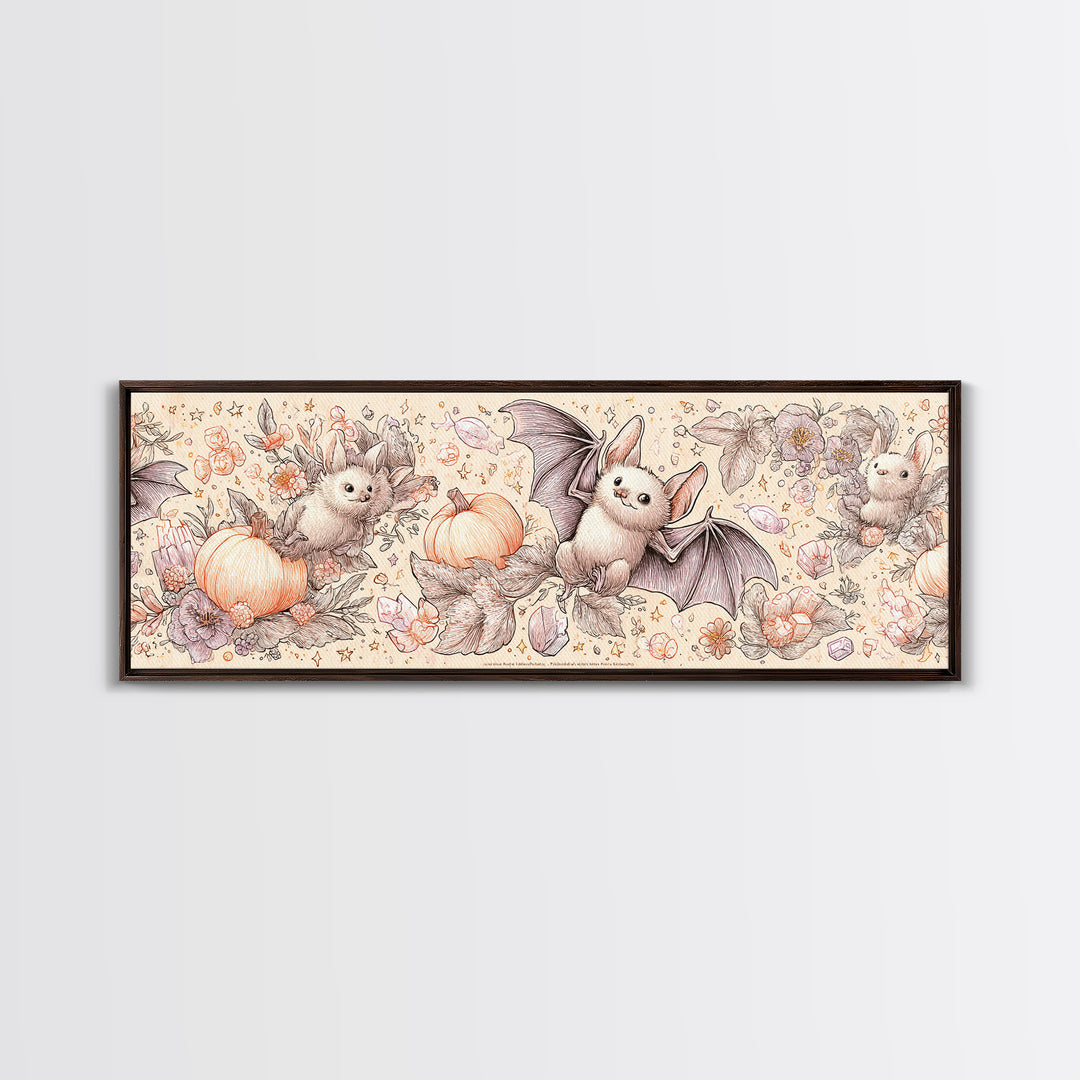 The Gummy Bat Garden, Hand Sketch Halloween Art, Extra Wide Wall Art, Canvas Print, Cute Halloween Wall Art