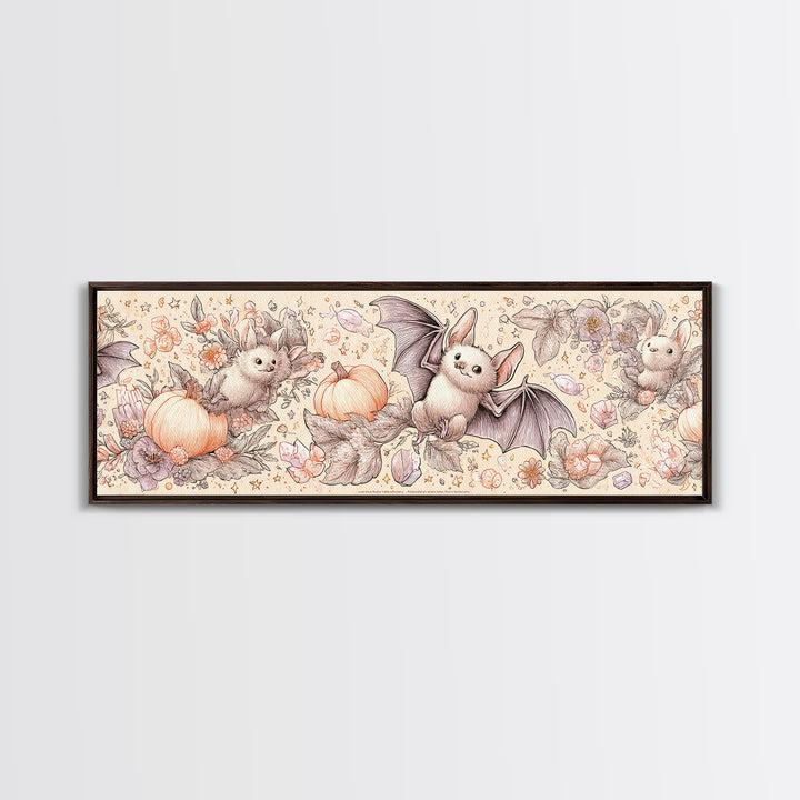 The Gummy Bat Garden, Hand Sketch Halloween Art, Extra Wide Wall Art, Canvas Print, Cute Halloween Wall Art