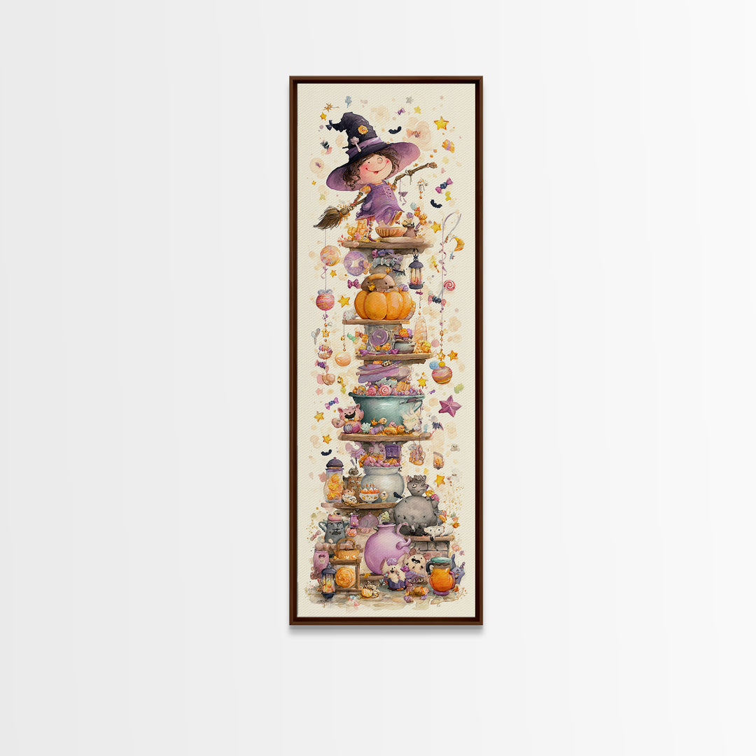 The Candy Witch'S Kitchen, Watercolor Halloween Art, Tall Narrow Wall Art, Framed Canvas Print, Cute Halloween Wall Art