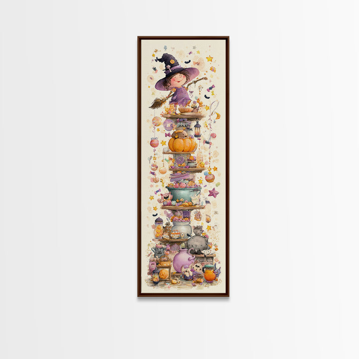 The Candy Witch'S Kitchen, Watercolor Halloween Art, Tall Narrow Wall Art, Framed Canvas Print, Cute Halloween Wall Art
