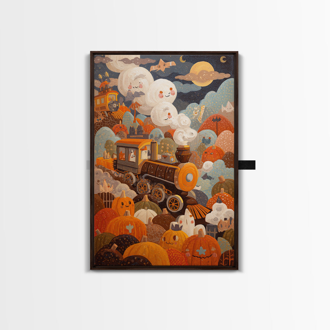 The Chocolate Pumpkin Train, Gouache Halloween Art, Vertical Wall Art, Canvas Print, Cute Halloween Wall Art