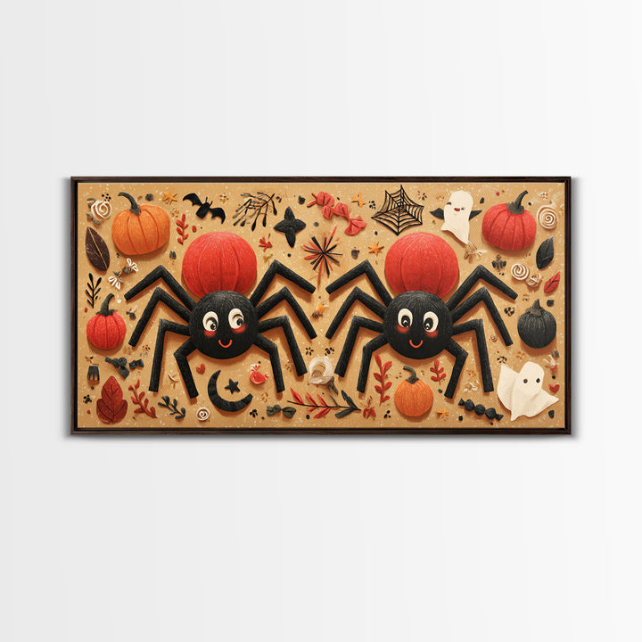 The Licorice Spider Family, Paper Collage Halloween, Wide Panoramic Art, Framed Canvas Print, Cute Halloween Wall Art