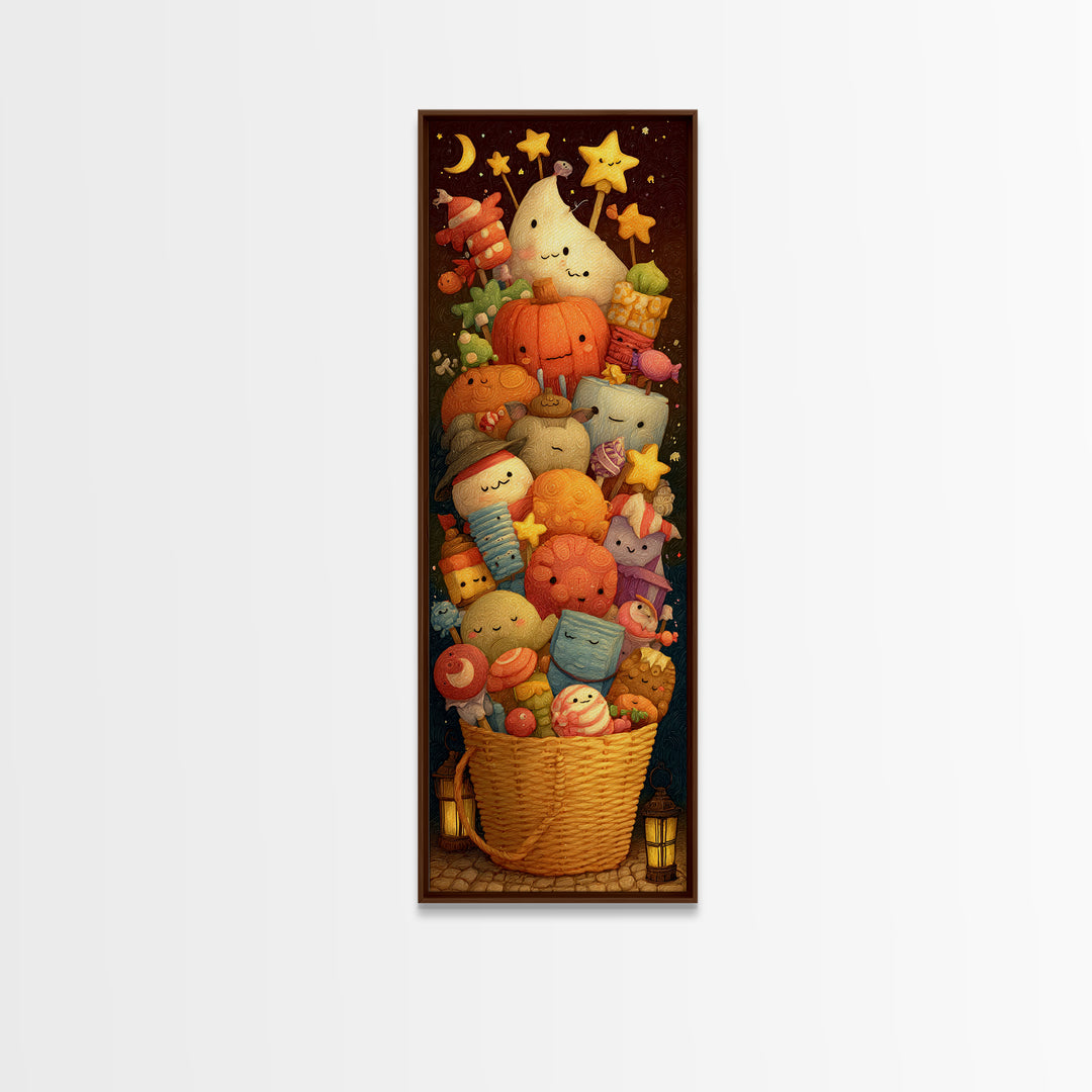 The Candy Basket Sleepover, Clay Halloween Art, Tall Narrow Wall Art, Framed Canvas Print, Cute Halloween Wall Art