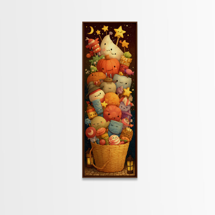 The Candy Basket Sleepover, Clay Halloween Art, Tall Narrow Wall Art, Framed Canvas Print, Cute Halloween Wall Art