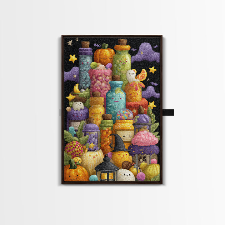 The Jellybean Potion Shop, Plush Halloween Art, Vertical Wall Art, Canvas Print, Cute Halloween Wall Art