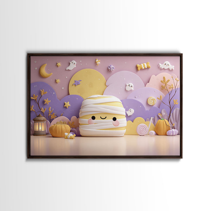 The Popcorn Mummy, Kawaii Halloween Art, Landscape Wall Art, Framed Canvas Print, Cute Halloween Wall Art