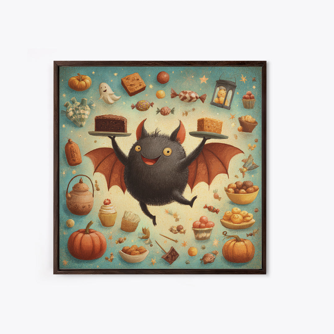 The Brownie Bat Bakery, Retro Halloween Art, Square Wall Art, Canvas Print, Cute Halloween Wall Art, Halloween Kids Decor