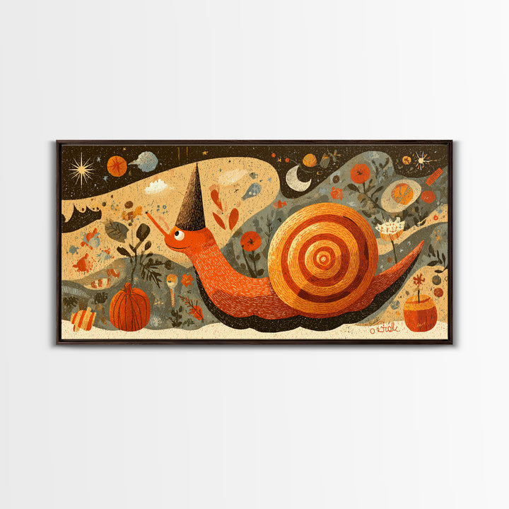 The Cinnamon-Roll Snail Witch, Screenprint Halloween Art, Wide Panoramic Art, Framed Canvas Print, Cute Halloween Wall Art