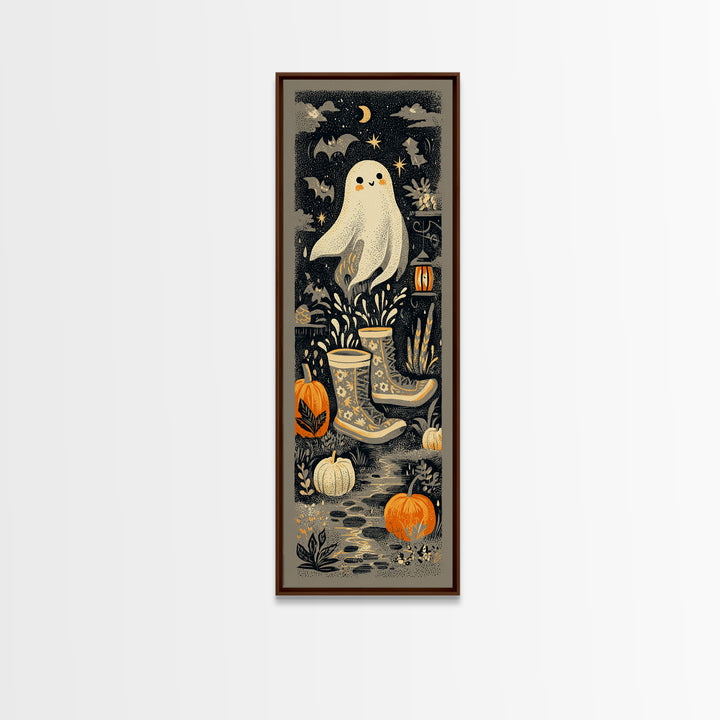 The Ghost In Rain Boots, Linocut Halloween Art, Tall Narrow Wall Art, Framed Canvas Print, Cute Halloween Wall Art