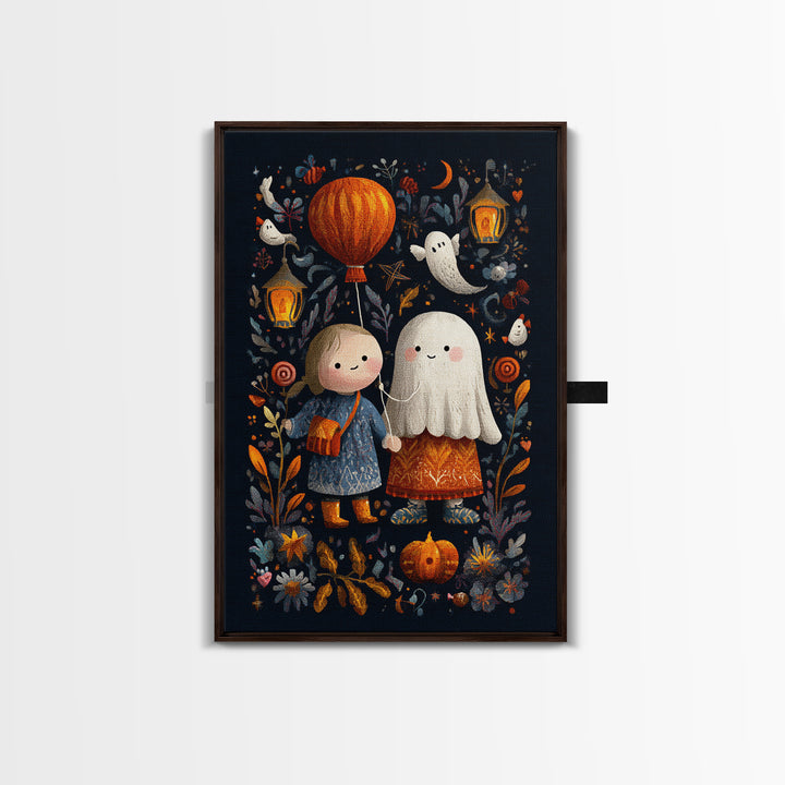 The Ghost Balloon Friend, Embroidered Halloween Art, Vertical Wall Art, Canvas Print, Cute Halloween Wall Art