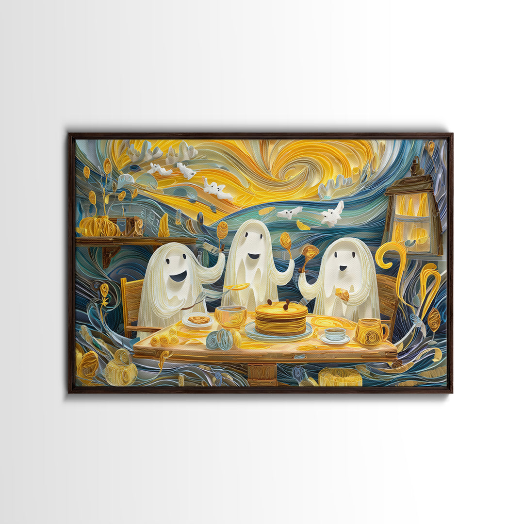 The Ghost Family Breakfast, Quilled Halloween Art, Landscape Wall Art, Framed Canvas Print, Cute Halloween Wall Art