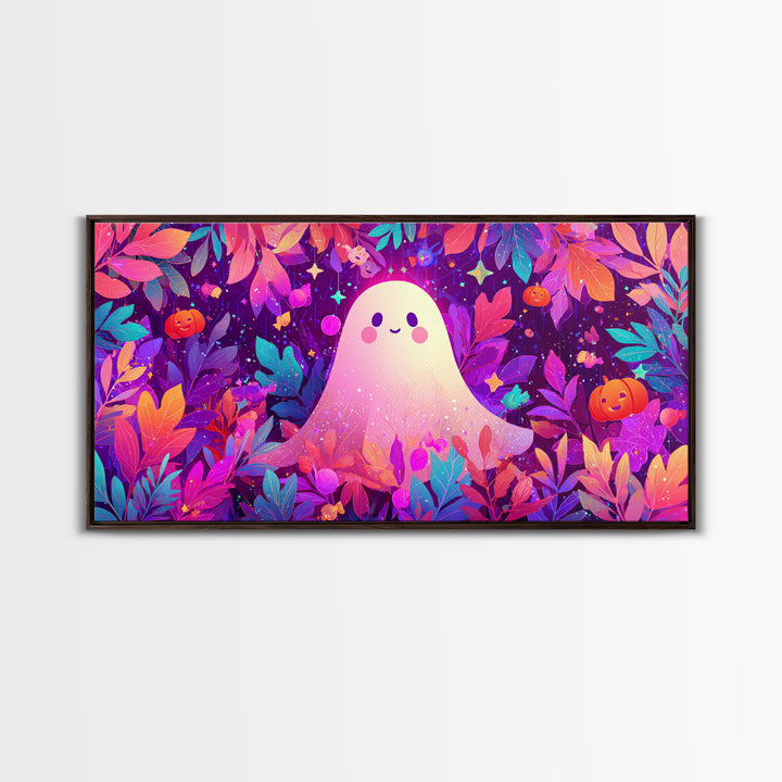 The Ghost With A Flower Crown, Vaporwave Halloween Art, Wide Panoramic Art, Framed Canvas Print, Cute Halloween Wall Art