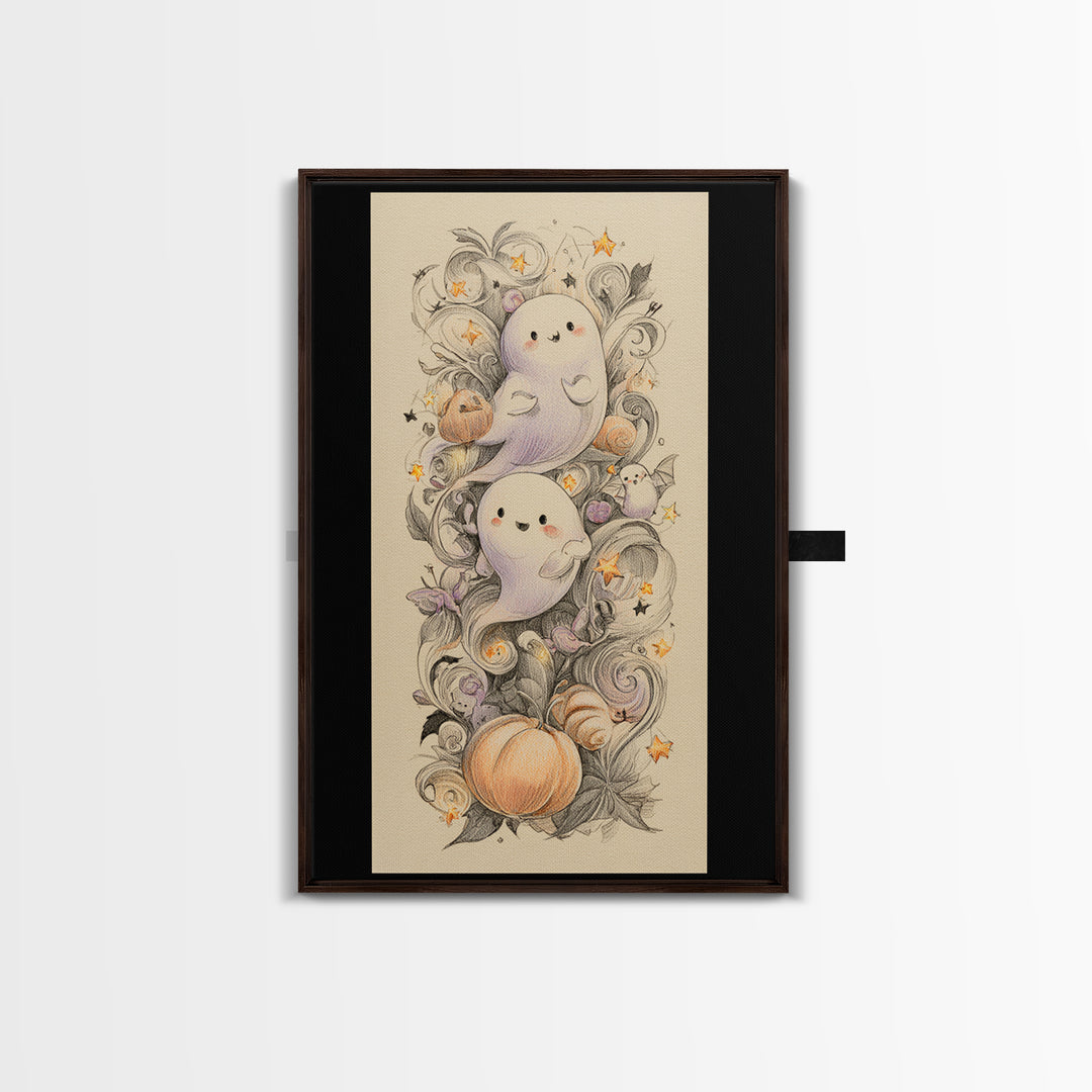 The Ghost And Firefly Friends, Hand Sketch Halloween Art, Vertical Wall Art, Canvas Print, Cute Halloween Wall Art