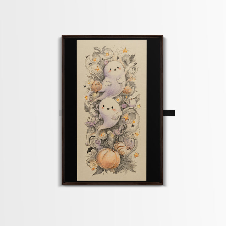 The Ghost And Firefly Friends, Hand Sketch Halloween Art, Vertical Wall Art, Canvas Print, Cute Halloween Wall Art