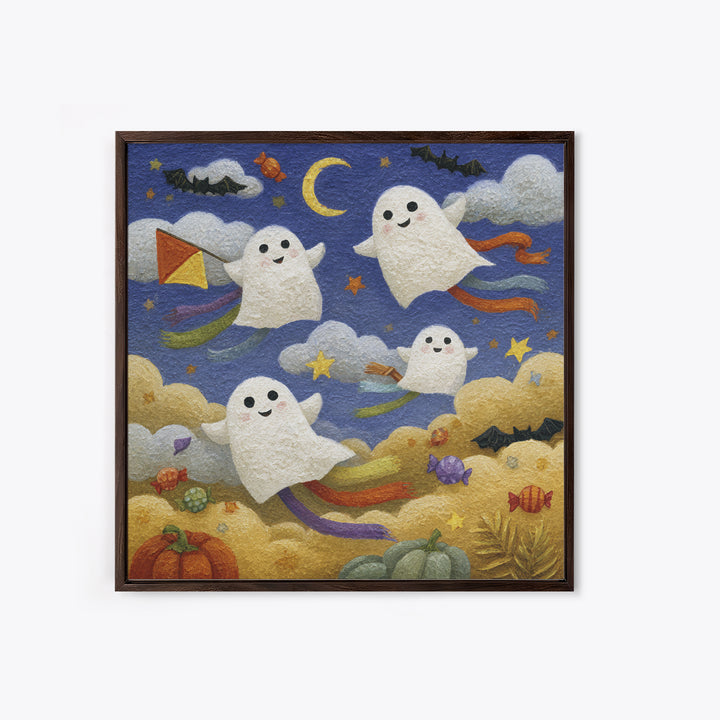 The Ghost Kite Festival, Gouache Halloween Art, Square Wall Art, Canvas Print, Cute Halloween Wall Art