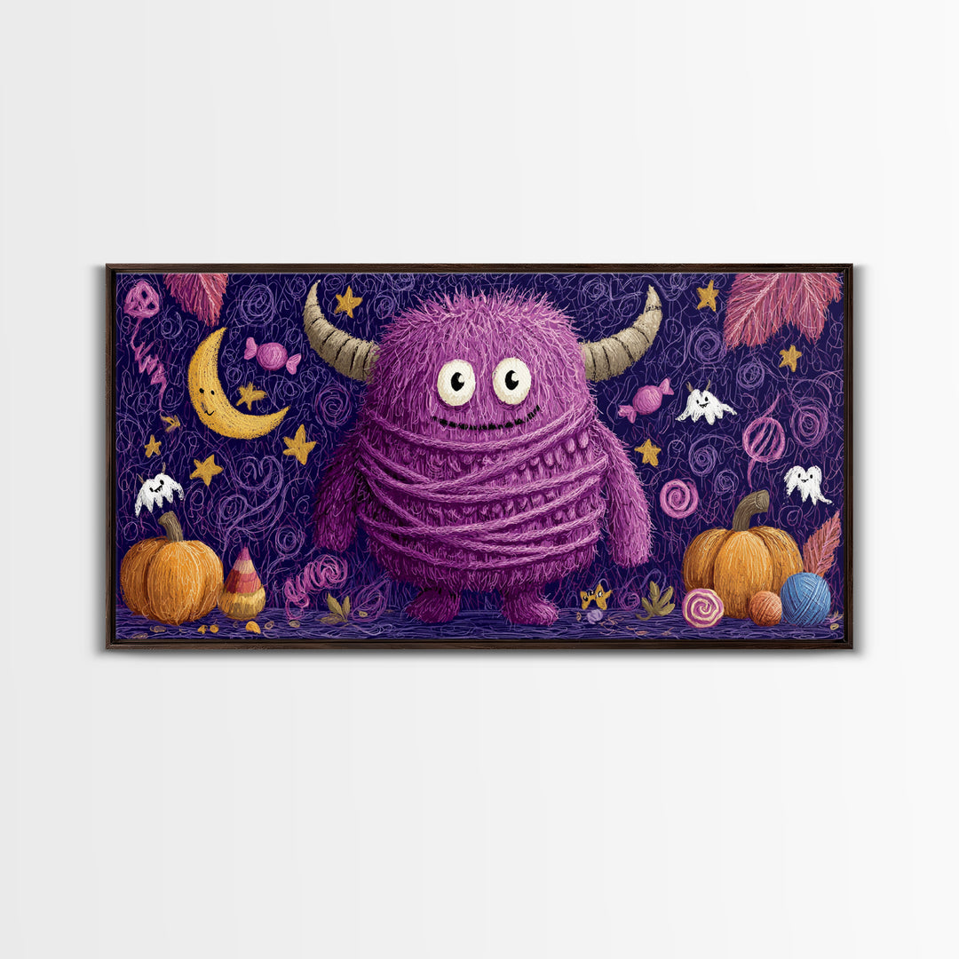 The Fuzzy Purple Monster, Crayon Halloween Art, Wide Panoramic Art, Framed Canvas Print, Cute Halloween Wall Art