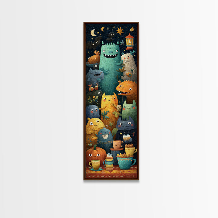 The Monster Under The Bed Tea Party, Paper Collage Halloween, Tall Narrow Wall Art, Framed Canvas Print, Cute Halloween Wall Art