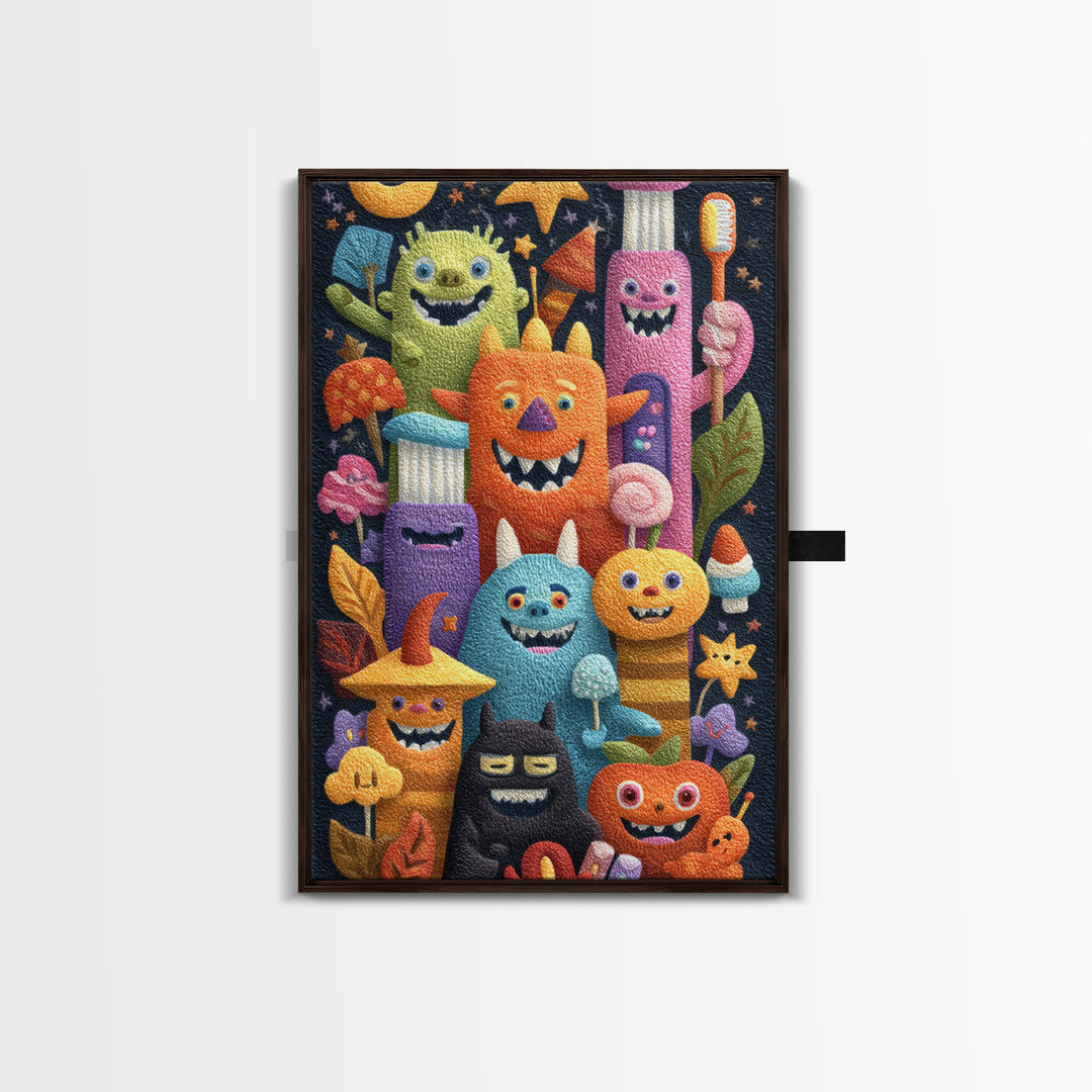 The Monster Toothbrush Club, Felt Halloween Art, Vertical Wall Art, Canvas Print, Cute Halloween Wall Art