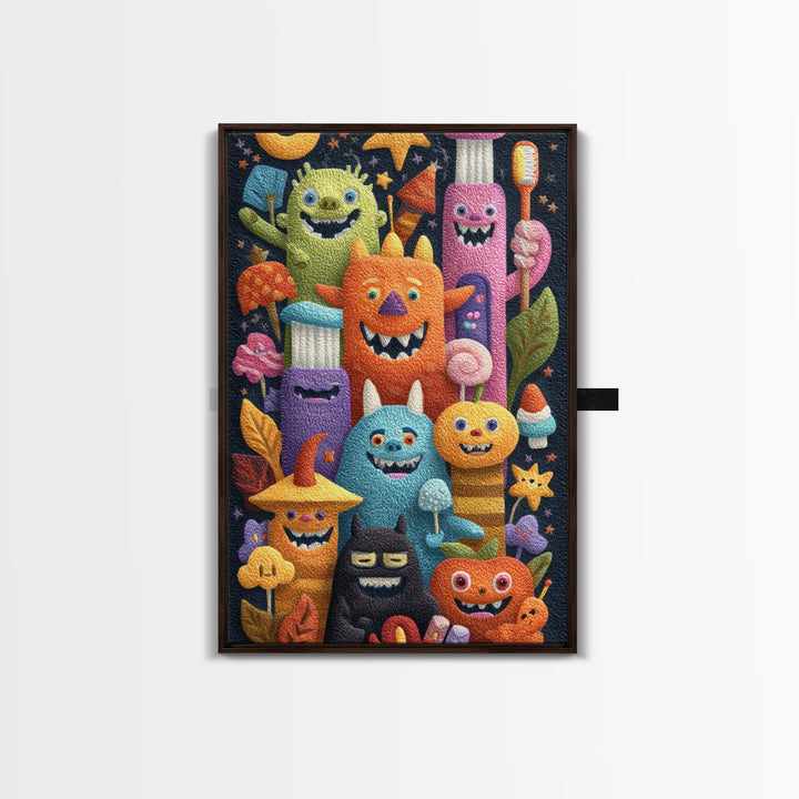 The Monster Toothbrush Club, Felt Halloween Art, Vertical Wall Art, Canvas Print, Cute Halloween Wall Art