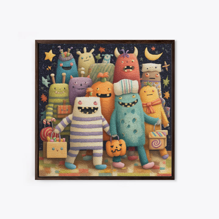 The Monster Pajama Parade, Plush Halloween Art, Square Wall Art, Canvas Print, Cute Halloween Wall Art