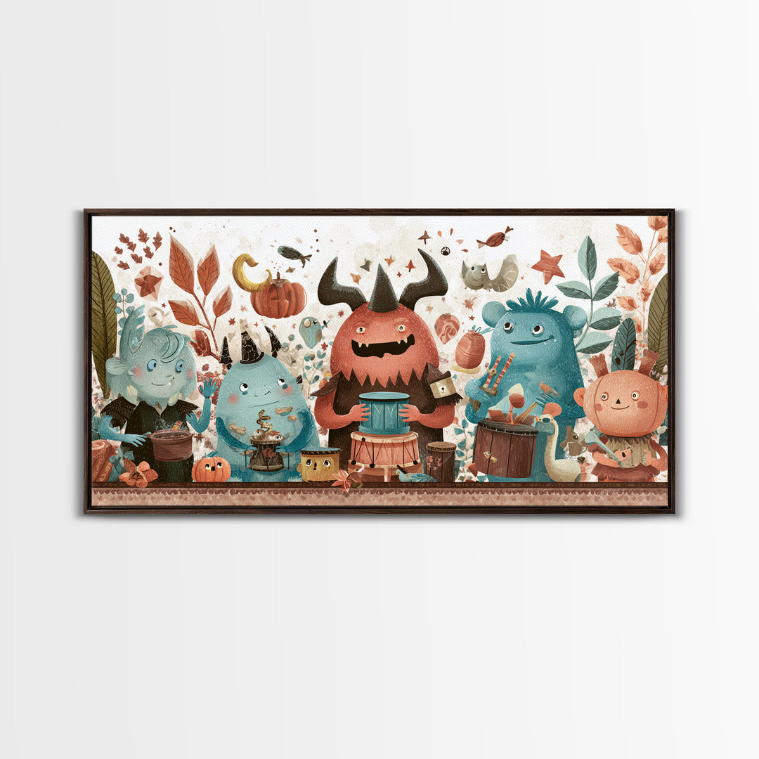 The Little Monster Orchestra, Kawaii Halloween Art, Wide Panoramic Art, Framed Canvas Print, Cute Halloween Wall Art