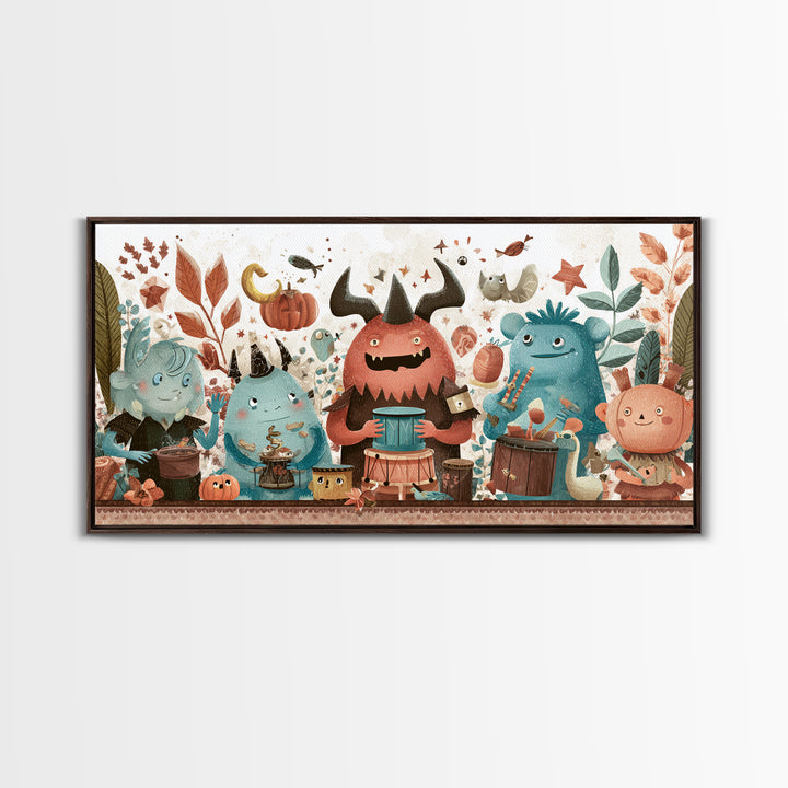 The Little Monster Orchestra, Kawaii Halloween Art, Wide Panoramic Art, Framed Canvas Print, Cute Halloween Wall Art