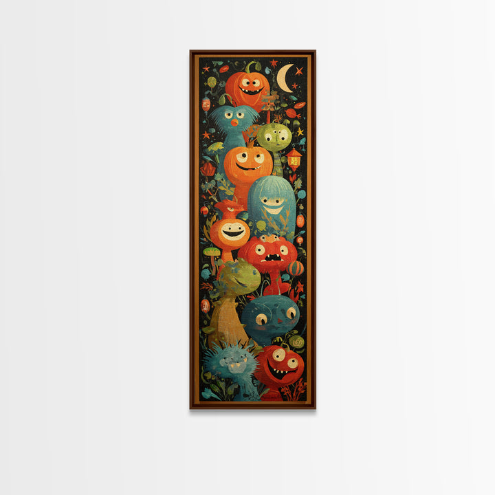 The Monster Hide-And-Seek Game, Screenprint Halloween Art, Tall Narrow Wall Art, Framed Canvas Print, Cute Halloween Wall Art