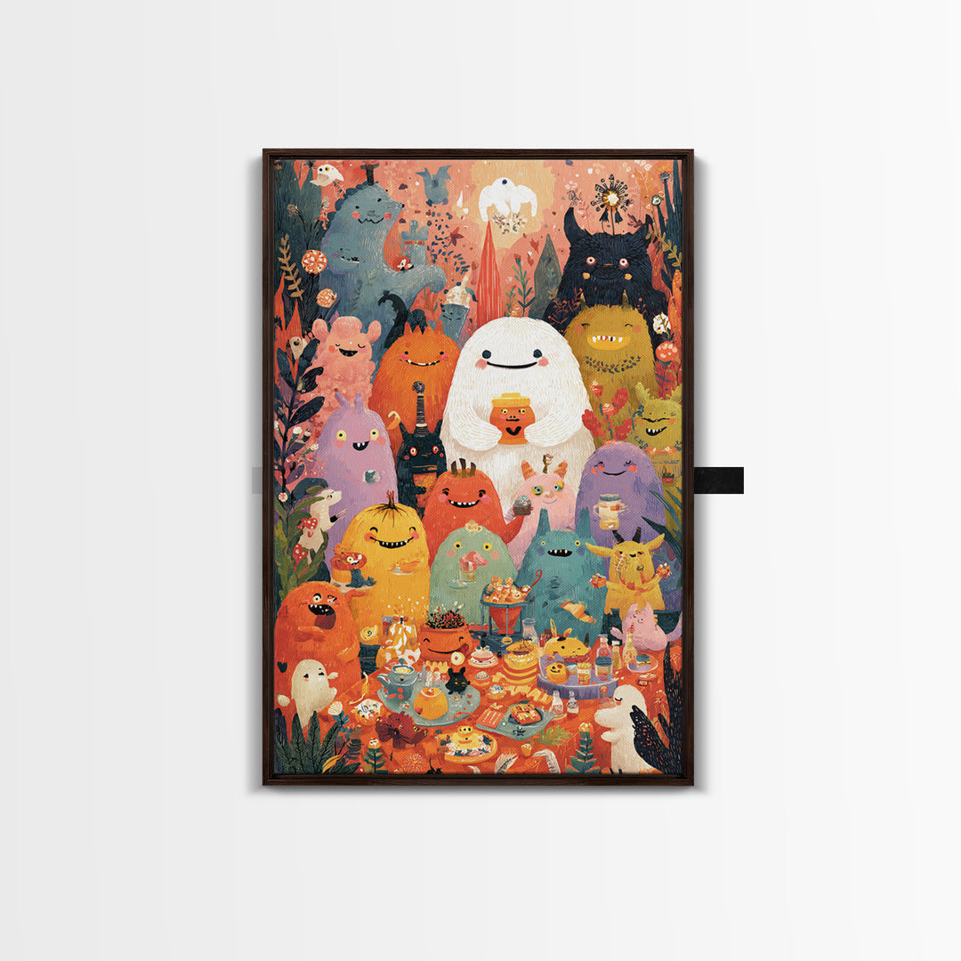 The Monster Friendship Picnic, Folk Halloween Art, Vertical Wall Art, Canvas Print, Cute Halloween Wall Art