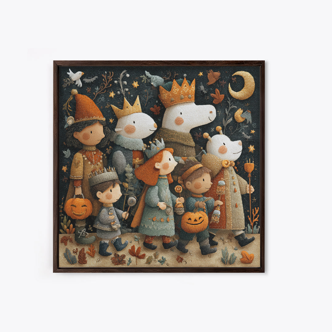 The Costume Parade, Embroidered Halloween Art, Square Wall Art, Canvas Print, Cute Halloween Wall Art