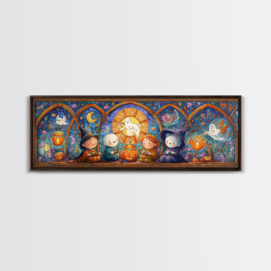 The Halloween Story Circle, Stained Glass Halloween, Extra Wide Wall Art, Canvas Print, Cute Halloween Wall Art