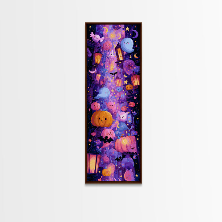 The Moonlight Dance Party, Vaporwave Halloween Art, Tall Narrow Wall Art, Framed Canvas Print, Cute Halloween Wall Art