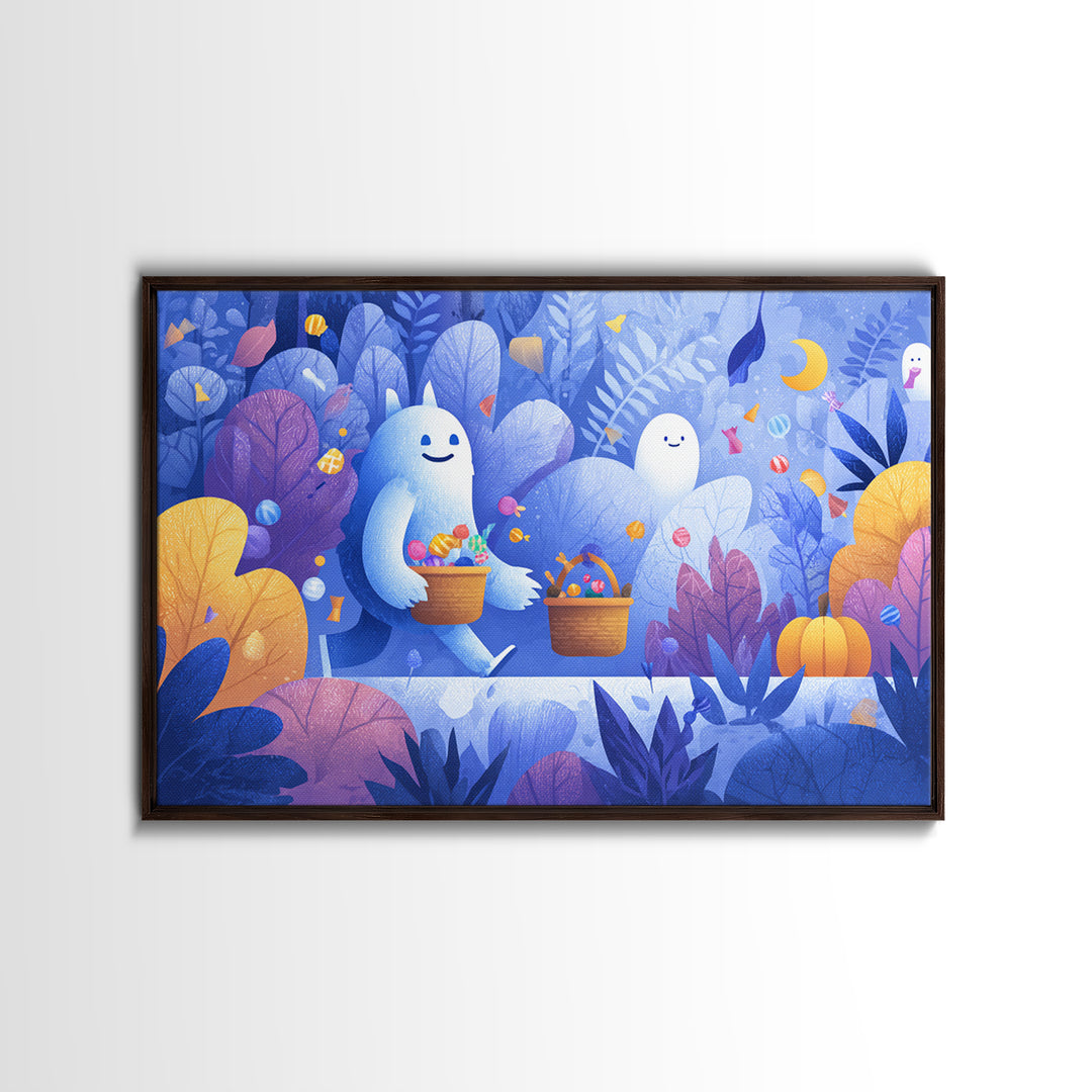 The Candy Bucket Relay Race, Vector Halloween Art, Landscape Wall Art, Framed Canvas Print, Cute Halloween Wall Art