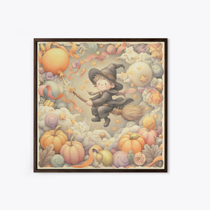 The Broomstick Obstacle Course, Hand Sketch Halloween Art, Square Wall Art, Canvas Print, Cute Halloween Wall Art