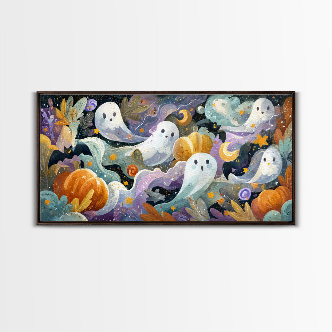 The Halloween Craft Table, Watercolor Halloween Art, Wide Panoramic Art, Framed Canvas Print, Cute Halloween Wall Art