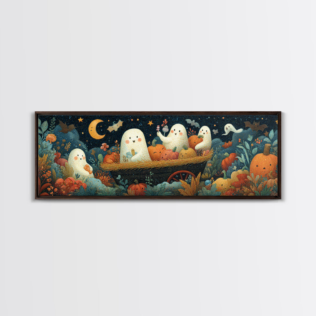 The Friendly Haunted Hayride, Gouache Halloween Art, Extra Wide Wall Art, Canvas Print, Cute Halloween Wall Art