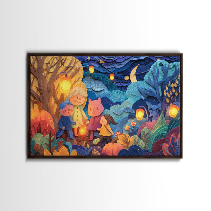 The Lantern-Making Festival, Paper Collage Halloween, Landscape Wall Art, Framed Canvas Print, Cute Halloween Wall Art