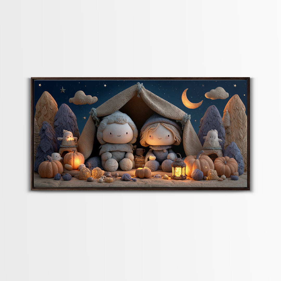 The Halloween Sleepover, Clay Halloween Art, Wide Panoramic Art, Framed Canvas Print, Cute Halloween Wall Art