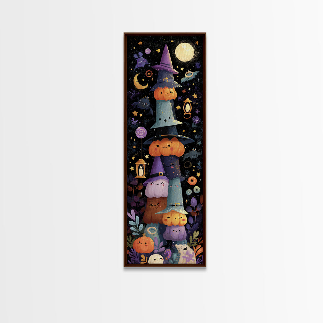 The Witch Hat Ring Toss, Kawaii Halloween Art, Tall Narrow Wall Art, Framed Canvas Print, Cute Halloween Wall Art
