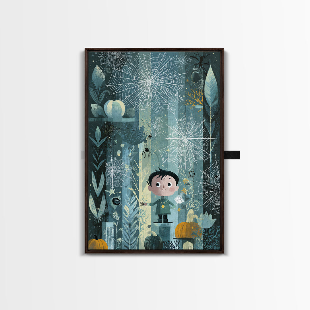 The Great Cobweb Knitting Contest, Retro Halloween Art, Vertical Wall Art, Canvas Print, Cute Halloween Wall Art